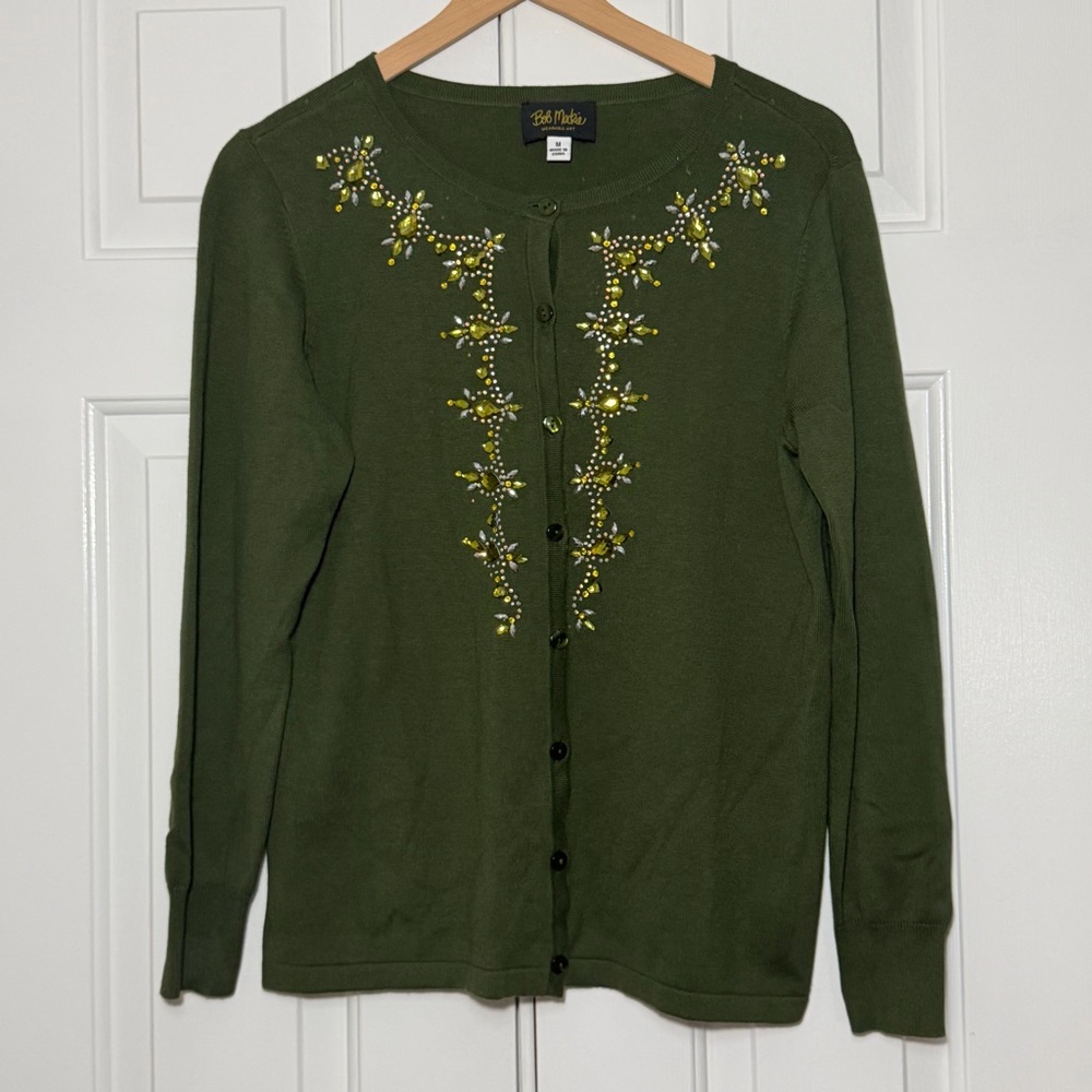 Bob Mackie Wearable Art Embellished Olive Green Cardigan – Size M